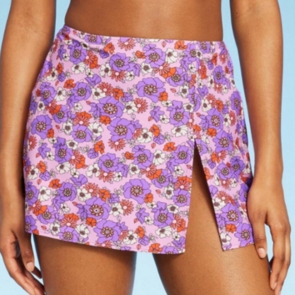 Wild Fable Women's Side Cinch Swim Cover Up Skirt Purple Floral Print Size XL